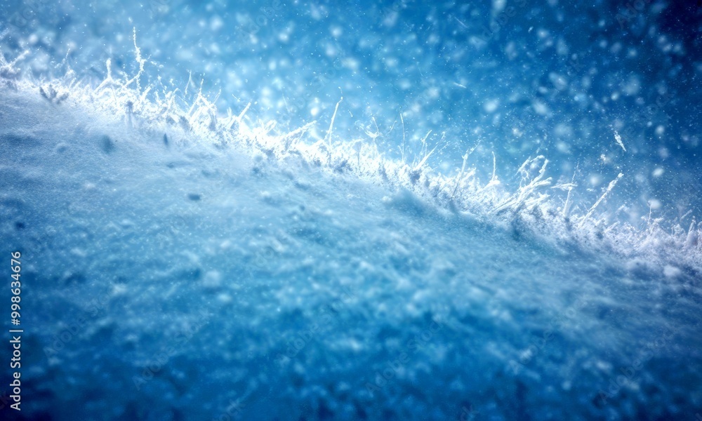 Poster a close-up view snow-covered surface, with intricate patterns of frost and ice crystals visible