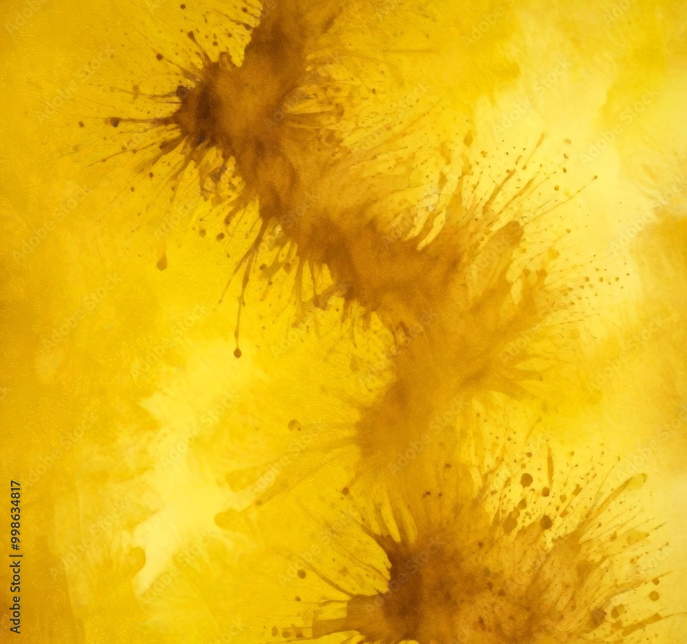 Fototapete a close-up view yellow-colored abstract painting with splashes of brown and black paint, creating a dynamic and textured appearance