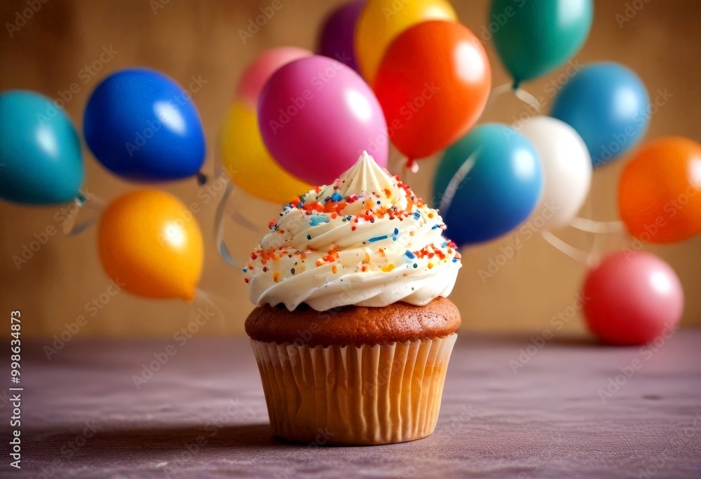 Aufkleber a cupcake with white frosting and colorful sprinkles sits on a table, with a backdrop of multicolore