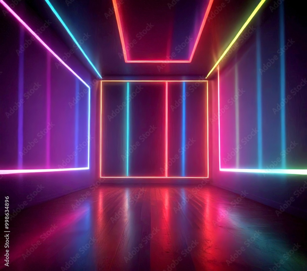 Leinwandbilder a room with a wooden floor and walls, illuminated by a series of colorful neon lights arranged in a grid-like pattern The lights cast a vibrant glow, creating a visually