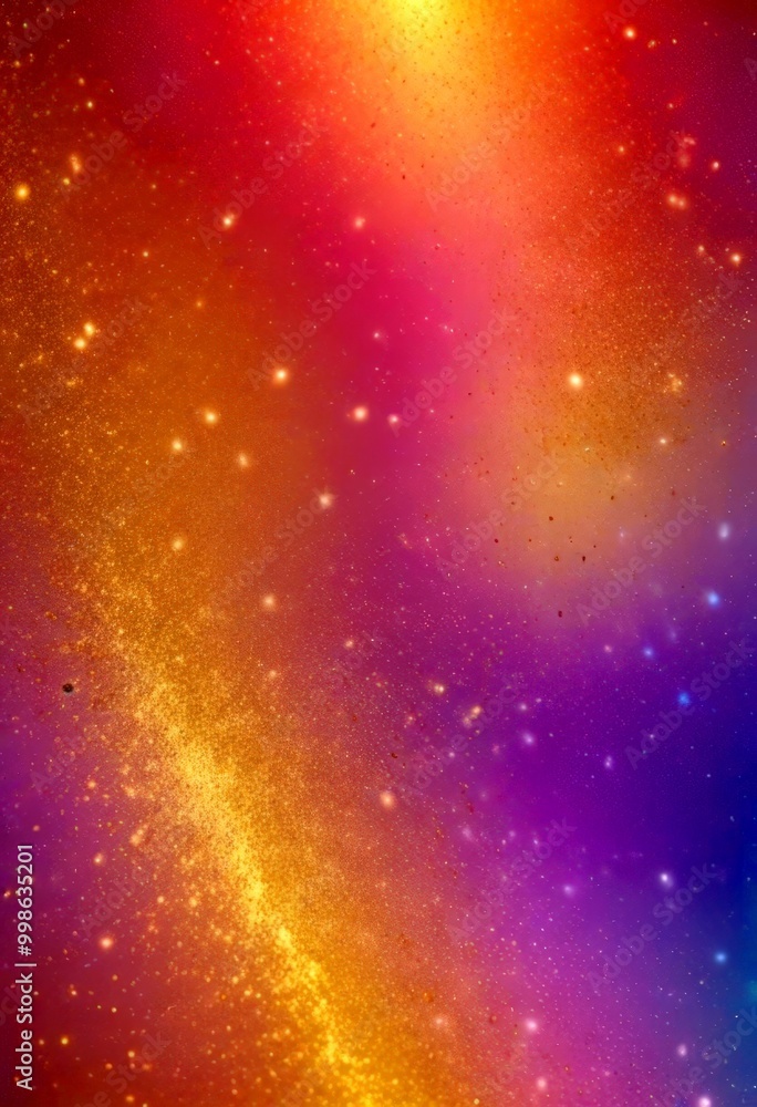 Poster a vibrant cosmic scene, featuring a gradient of colors from orange to purple, with a multitude of sm