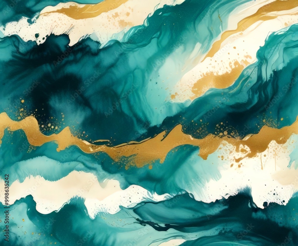 Poster a vibrant abstract painting with swirling patterns of blue, green, and gold colors, creating a dynam