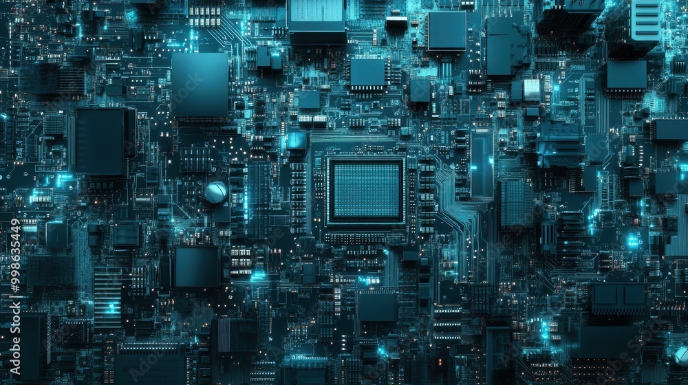 Poster a high-tech motherboard with visible data chips, processors, and circuitry, representing the backbon