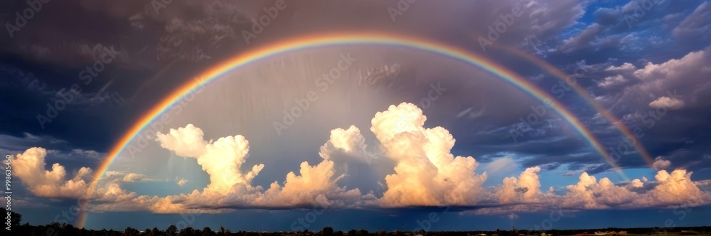 Poster a double rainbow arches over a cloudy sky, with the left side appearing closer to the viewer than th