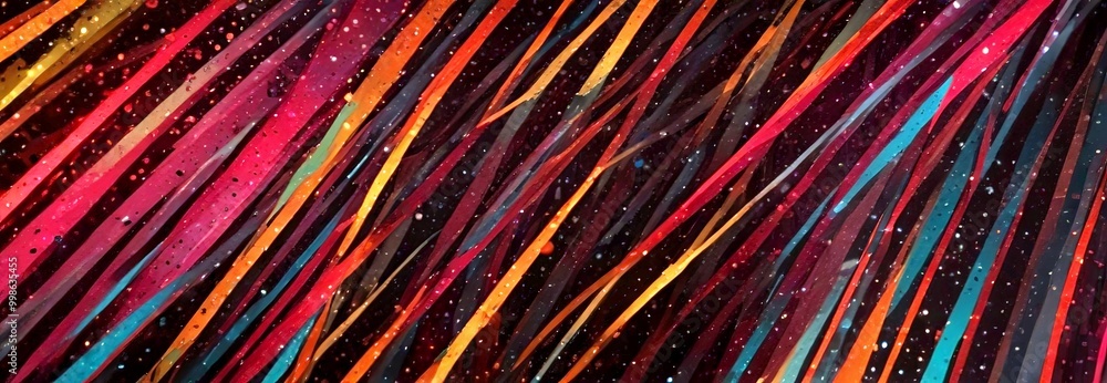 Poster a vibrant abstract pattern composed of diagonal lines in various colors, including red, orange, yell
