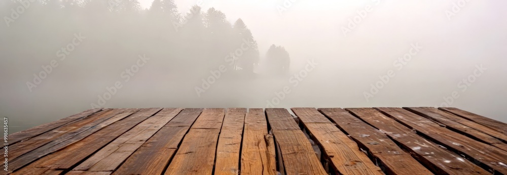 Poster a foggy wooden dock extends into a misty lake, with a line of trees visible in the distance
