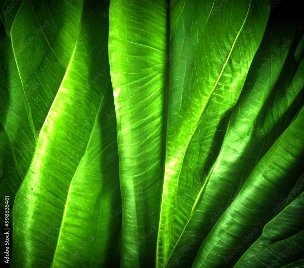 Poster close-up large, vibrant green leaf with a textured surface, creating a sense of depth and volume