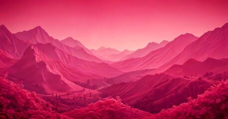 A surreal landscape with mountains and valleys in a pinkish hue, creating a dreamlike atmosphere