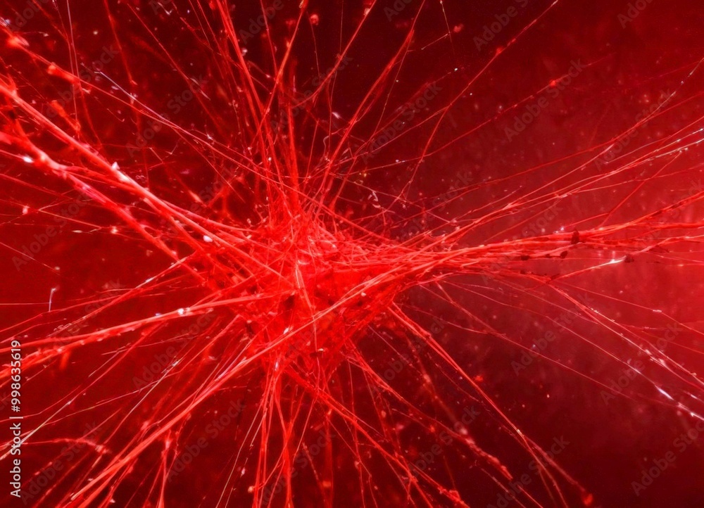 Poster a close-up view red, tangled web-like structure with numerous thin, branching lines and small partic