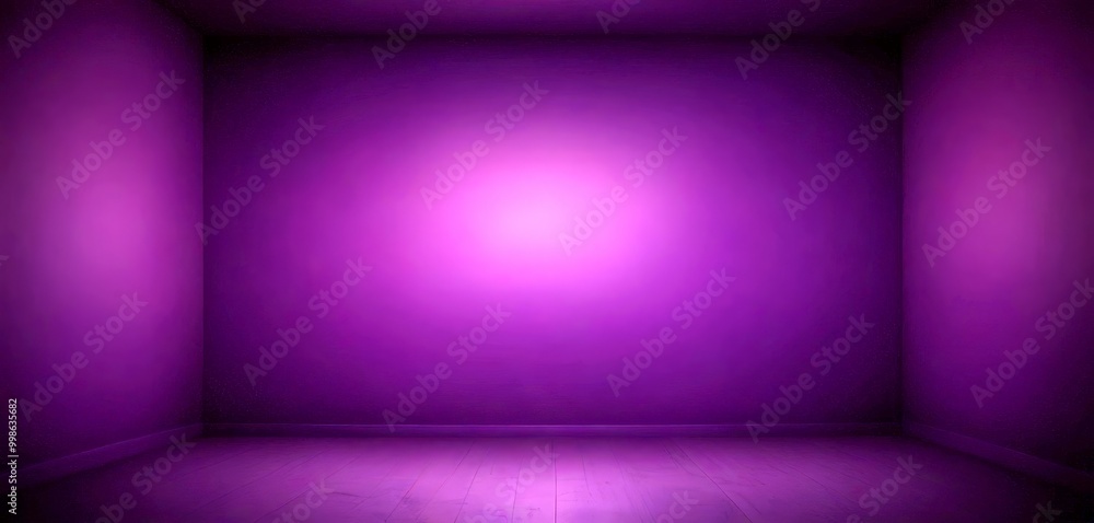 Poster an empty room with a purple wall and a wooden floor, illuminated by a single light source in the cen
