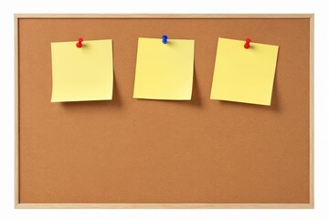 three yellow post it notes pinned to a cork board with pins
