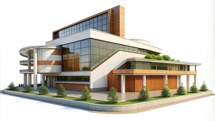 Modern office building with glass and wood exterior design and landscaped surroundings