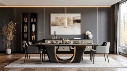 Modern dining room interior with dark grey walls, wooden floor, and a large window.