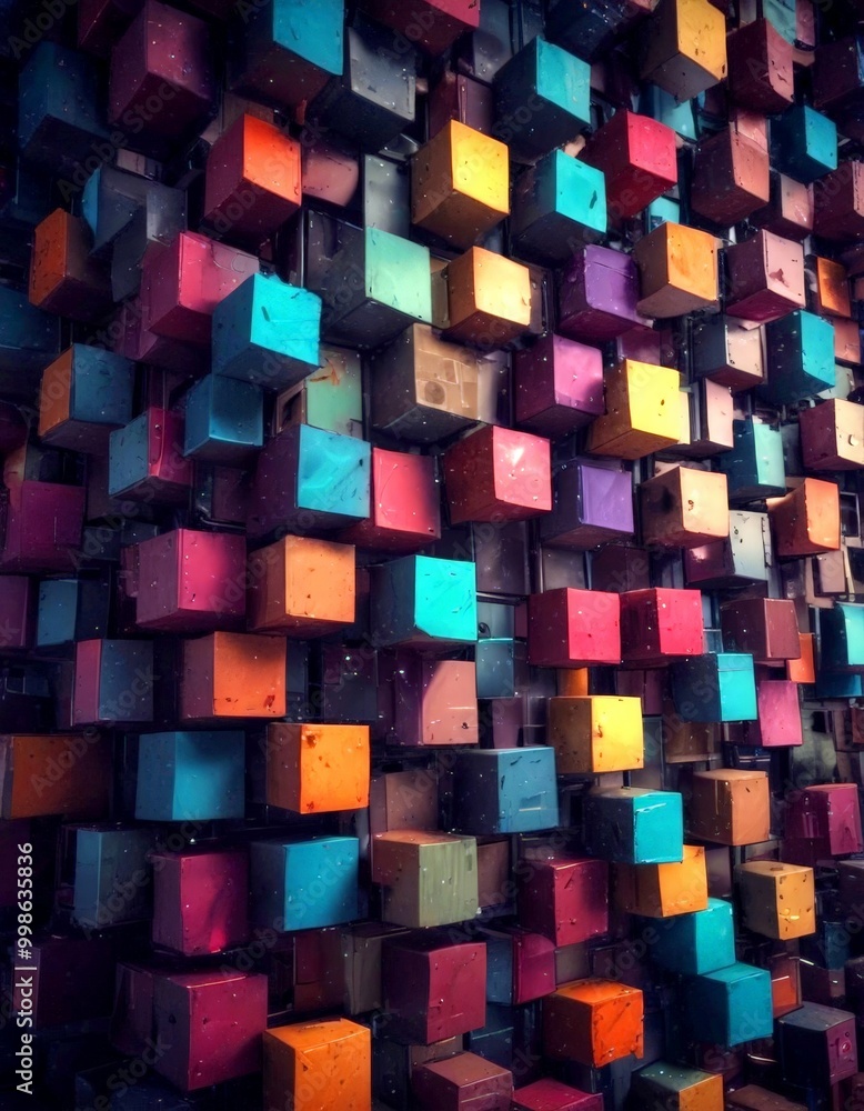 Poster a wall composed of multicolored cubes, creating a visually striking and abstract pattern