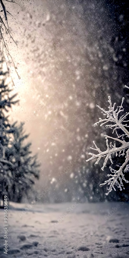 Poster a snowy winter scene with a blurred background of trees and snowflakes