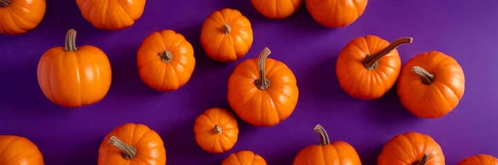 A collection of small orange pumpkins arranged in a grid-like pattern on a purple background