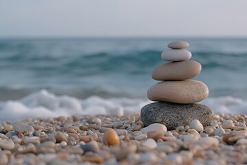 Fototapeta premium stones and rocks stacked on each other on the beach with sea in the background, representing balance and harmony