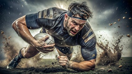 Fototapeta premium Intense Rugby Player Tackling in Muddy Field