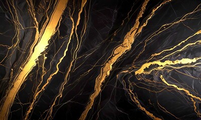 a striking abstract pattern of black and gold marble-like textures, with a prominent diagonal line running through the center