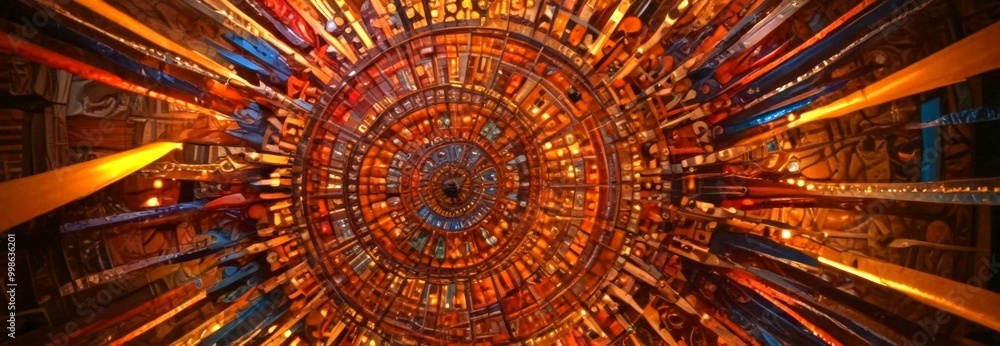 Aufkleber a vibrant and intricate ceiling or dome, featuring a complex pattern of wooden beams and beams in various colors, creating a sense of depth and dimension