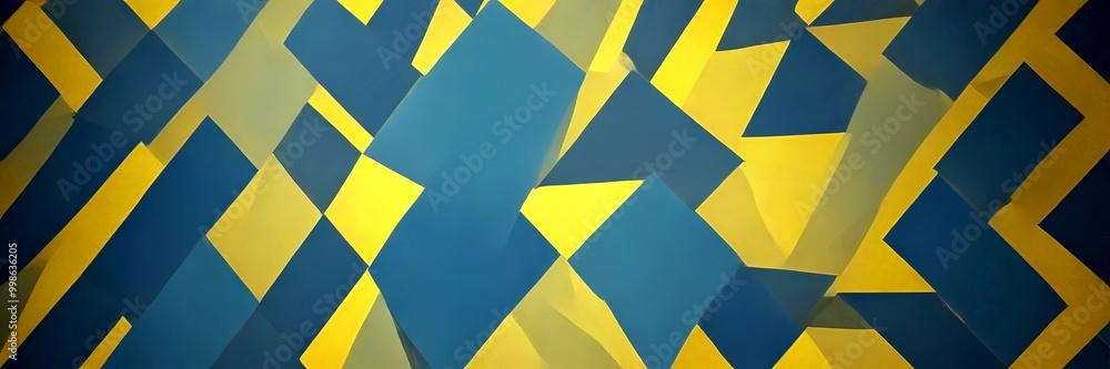 Poster a geometric pattern composed of intersecting diagonal lines in shades of blue and yellow, creating a visually striking and abstract design