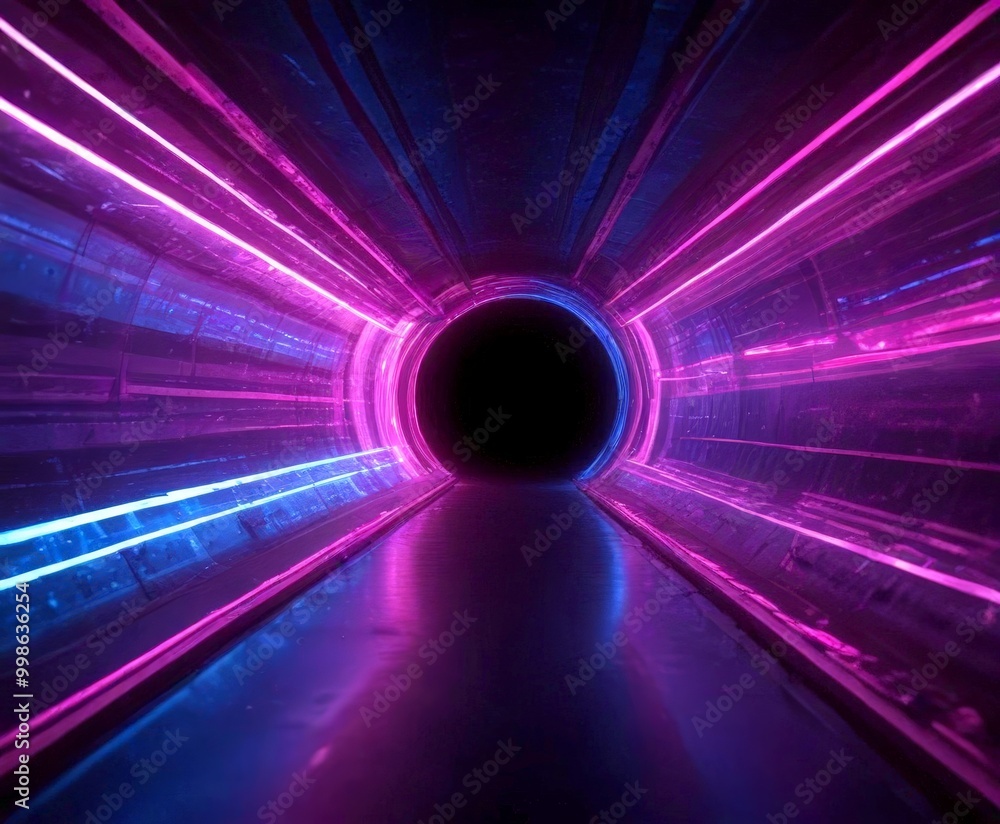 Poster a futuristic tunnel with a circular opening at the end, illuminated by a vibrant mix of purple and b