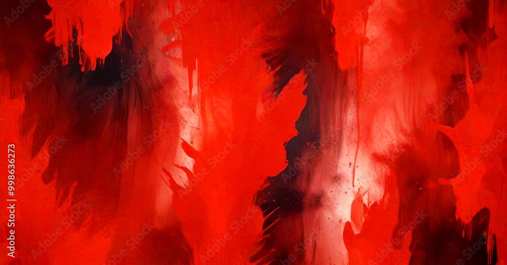 Poster abstract painting with bold red and black brushstrokes, creating a dynamic and energetic composition