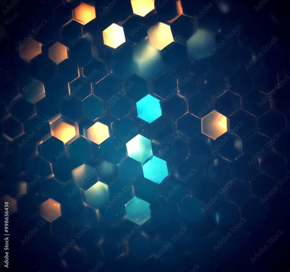 Aufkleber a dark background with a pattern of hexagonal shapes in various shades of blue and green, creating a visually striking and abstract composition