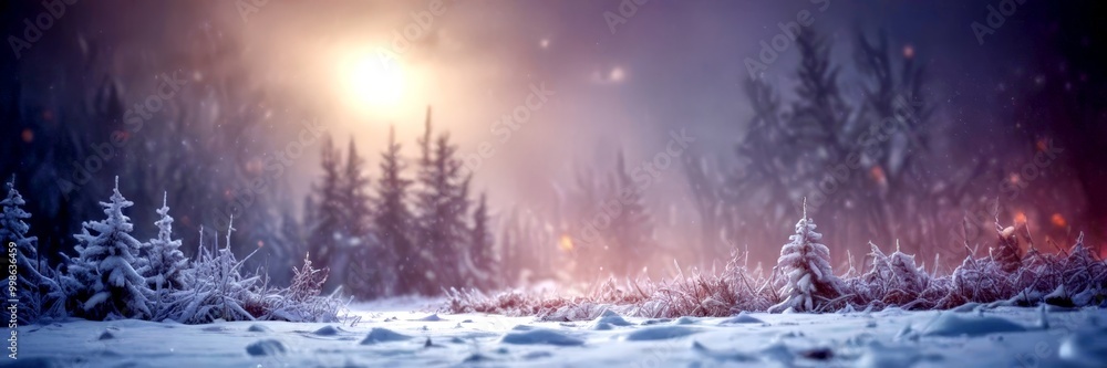 Poster a serene winter landscape features a snow-covered forest with pine trees and a glowing moon in the n