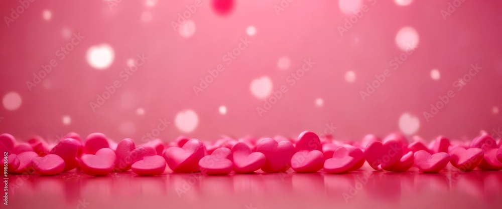 Poster a collection of pink heart-shaped candies arranged in a row, with a soft, blurred background of whit