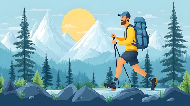 Trail runner navigating through rugged mountain terrain with a determined expression, cartoon vector style