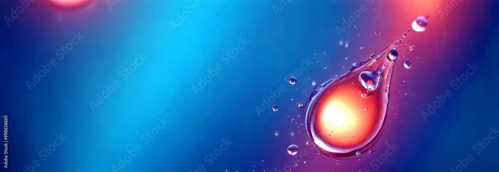 Poster a close-up view water droplet suspended in mid-air, with a gradient background transitioning from bl