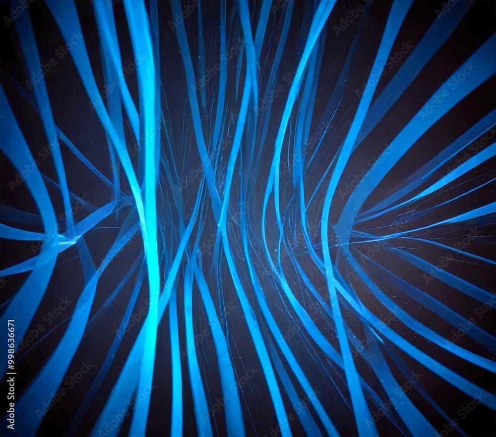 Poster a close-up view network of blue lines, resembling the structure spider web or a complex network of electrical wires The lines are arranged in a radial pattern,