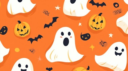 Cute Halloween Pattern with Ghosts, Bats, and Pumpkins on an Orange Background.