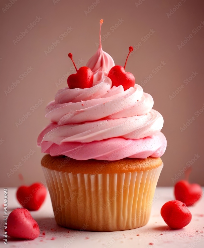 Aufkleber a cupcake with pink frosting and two red heart-shaped candies on top, surrounded by additional red h