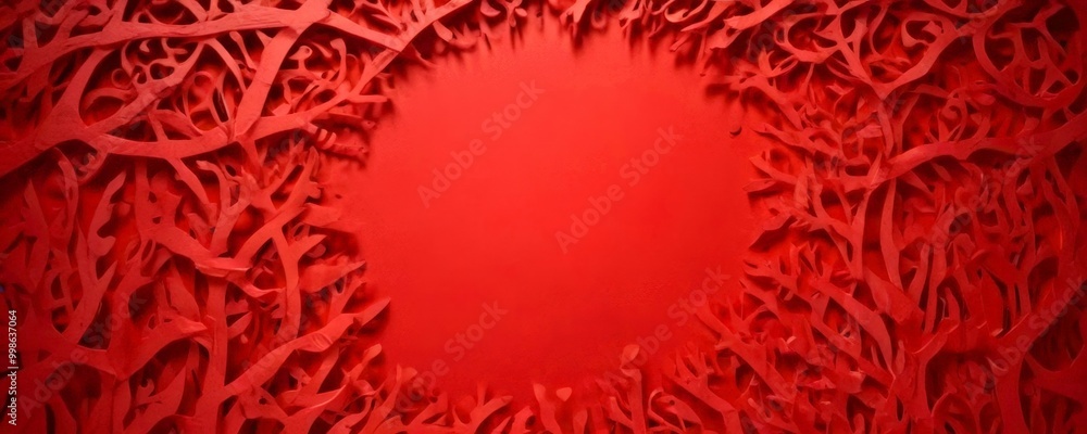 Poster a red abstract background with a central white circle, surrounded by a complex pattern of red branches and leaves