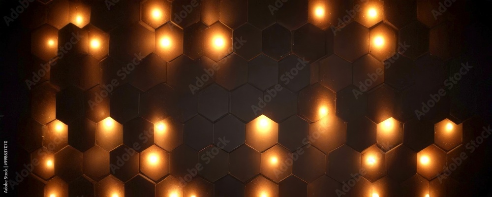 Poster a dark background with a repeating pattern of hexagonal shapes, each illuminated with a warm, yellow