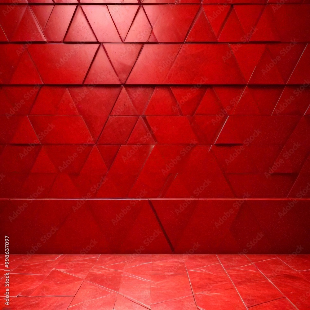 Poster a red wall with a geometric pattern of triangles, creating a visually striking and abstract design