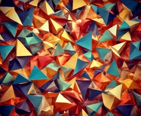 A vibrant collage of overlapping triangular shapes in various colors, creating a dynamic and visually striking composition
