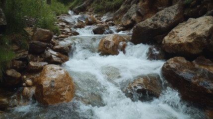 Fototapeta premium mountain stream flowing swiftly over rocks creates serene and refreshing atmosphere, showcasing beauty of natures water movement