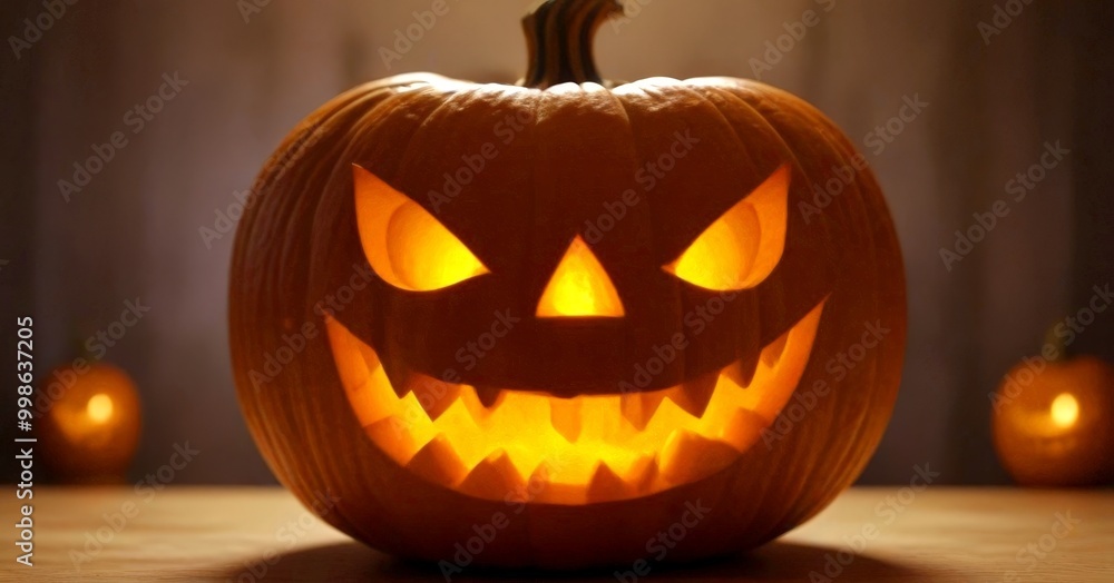 Poster a carved halloween pumpkin with a smiling jack-o'-lantern face sits on a table, surrounded by two ad