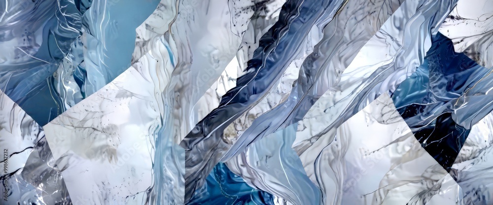 Aufkleber an abstract painting featuring a complex interplay of overlapping brushstrokes in shades of blue, gr