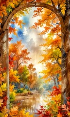 An autumnal scene framed by a wooden archway, featuring a tranquil river, trees with vibrant orange and yellow leaves, and a blue sky with clouds