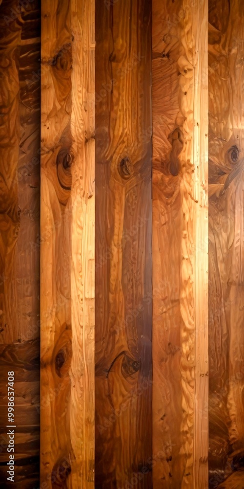Poster a close-up view wooden surface with vertical wooden planks arranged in a grid-like pattern The planks have a rich, dark brown color and visible wood grain patterns,