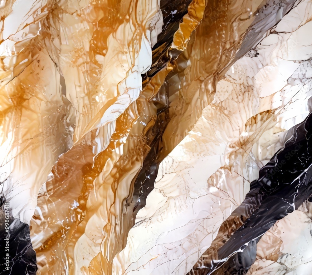 Poster a close-up view textured surface with a pattern of overlapping lines and swirls in various shades of brown, black, and white