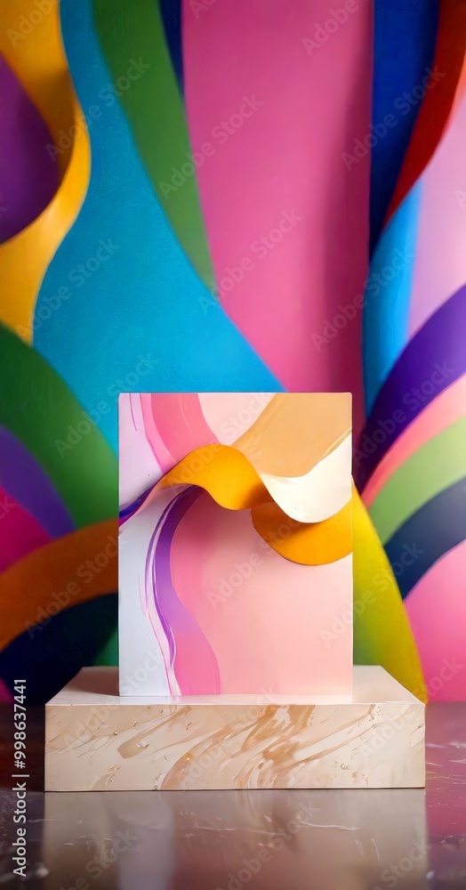 Poster a square-shaped abstract art piece with a wave-like pattern in pink, orange, and purple colors, plac
