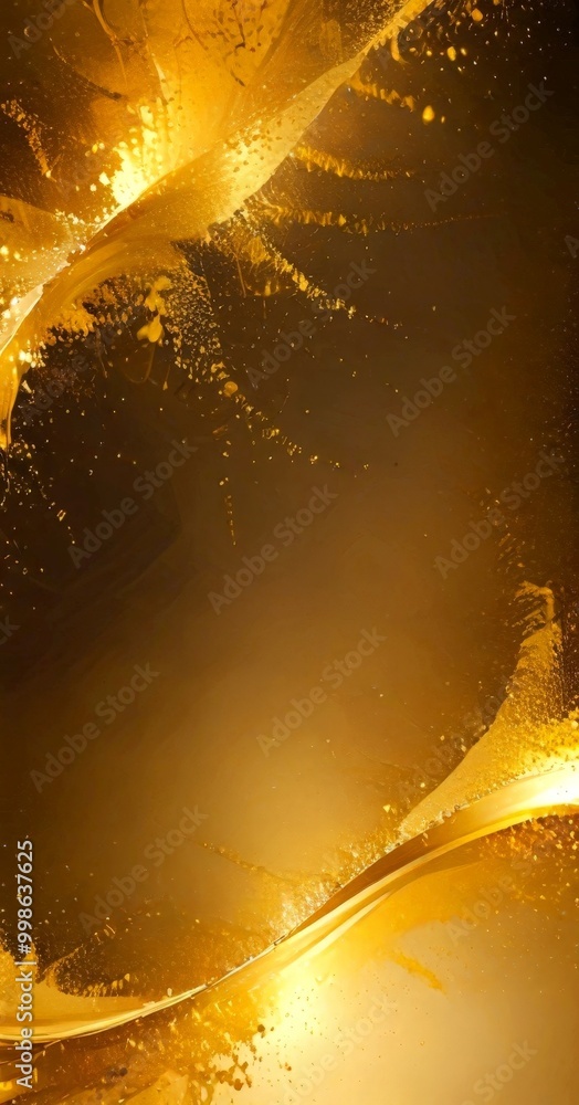 Poster a striking abstract composition of golden hues, with a dark background that accentuates the golden elements dominated by a wave-like pattern, with splashes of
