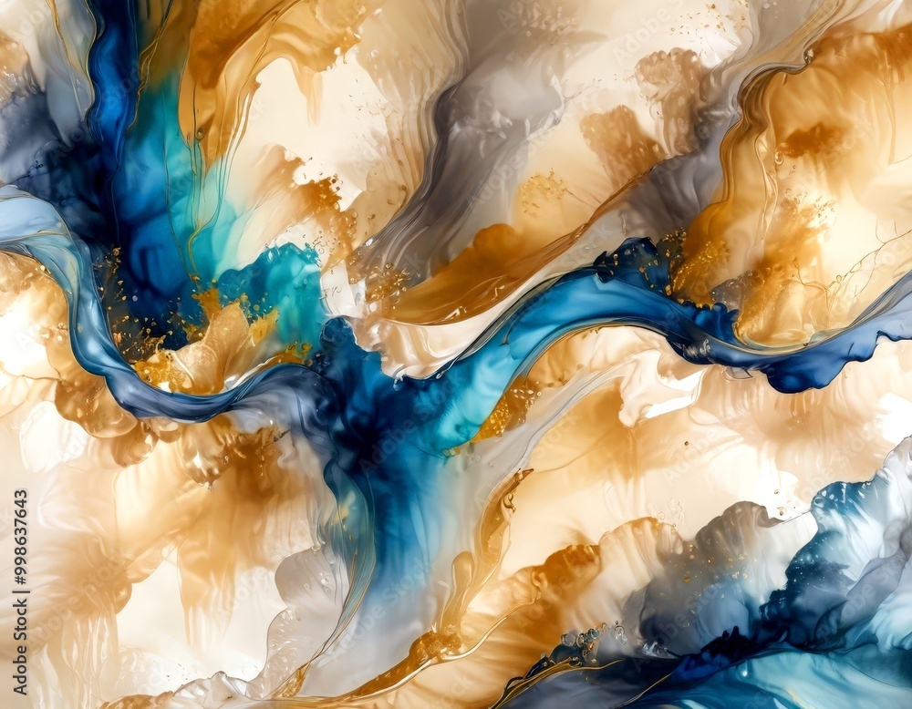 Poster an abstract painting featuring swirling patterns of blue, gold, and white colors, creating a dynamic