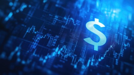 A glowing dollar sign on a blue digital background with abstract data.