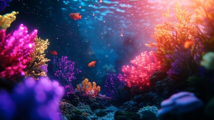 A vibrant underwater scene featuring colorful coral reefs and fish, illuminated by sunlight filtering through the water.